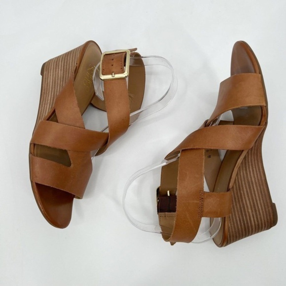Franco Sarto Mallory Wedge Sandals Brown Leather Heels Strappy Buckle - Picture 4 of 10